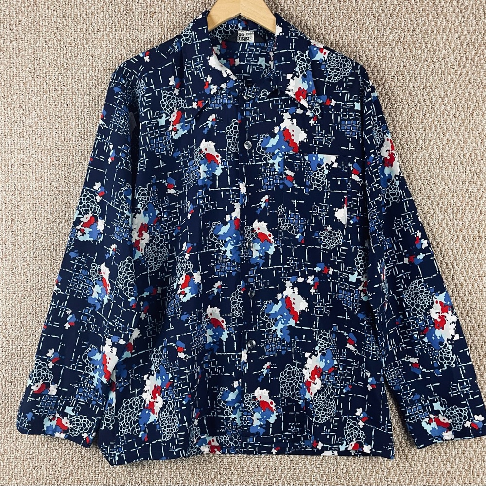 Vintage Campus Shirt Men’s Large 70s Disco Dagger Collar AOP Rockabilly USA T388